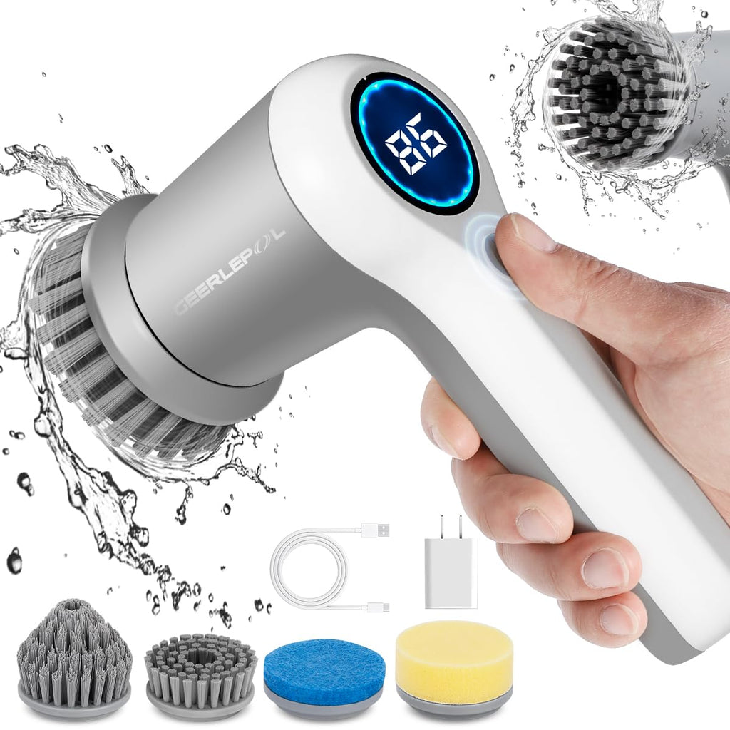 Electric Spin Scrubber, Power Scrubber Cordless Electric Shower Scrubber for Cleaning with LED Display, for Bathroom, Tub, Kitchen Stove, Tile Grout with 4 Brush Heads (Gray)