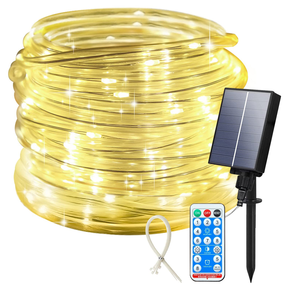 ICRGB Solar Rope Lights Outdoor, 66FT 200 LED Christmas Lights with Remote, Outdoor IP67 Waterproof 8 Modes Garden String Lights Decorative for Wedding Christmas Halloween Patio Porch Pool, Warm White