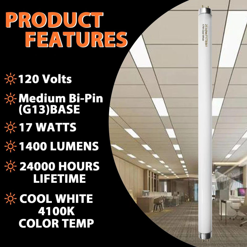 Konideke 8 Pack 24 inch F17T8/841 17 Watts Light Bulb, 2 Foot Straight Fluorescent Tube T8 Tube Light, 4100K Cool White 1400 Lumen G13 Medium Bi-Pin Cap 8 Count