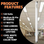 Konideke 8 Pack 24 inch F17T8/841 17 Watts Light Bulb, 2 Foot Straight Fluorescent Tube T8 Tube Light, 4100K Cool White 1400 Lumen G13 Medium Bi-Pin Cap 8 Count