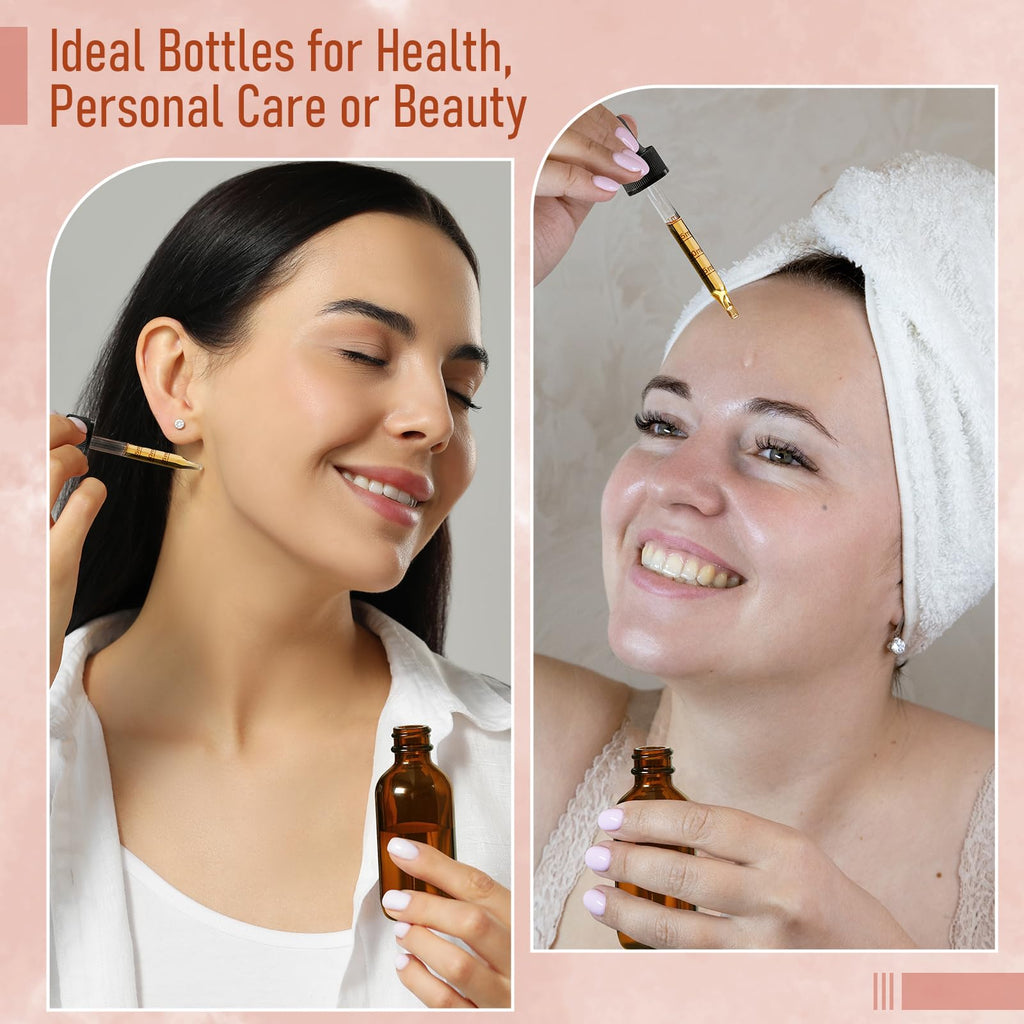 2 oz Dark Amber Glass Dropper Bottles with Measurement Dropper, 4 Pack- 60ml Thick Tincture Bottles with Measured Eye Dropper, Leakproof Essential Oils Bottles for Health, Personal Care & Beauty