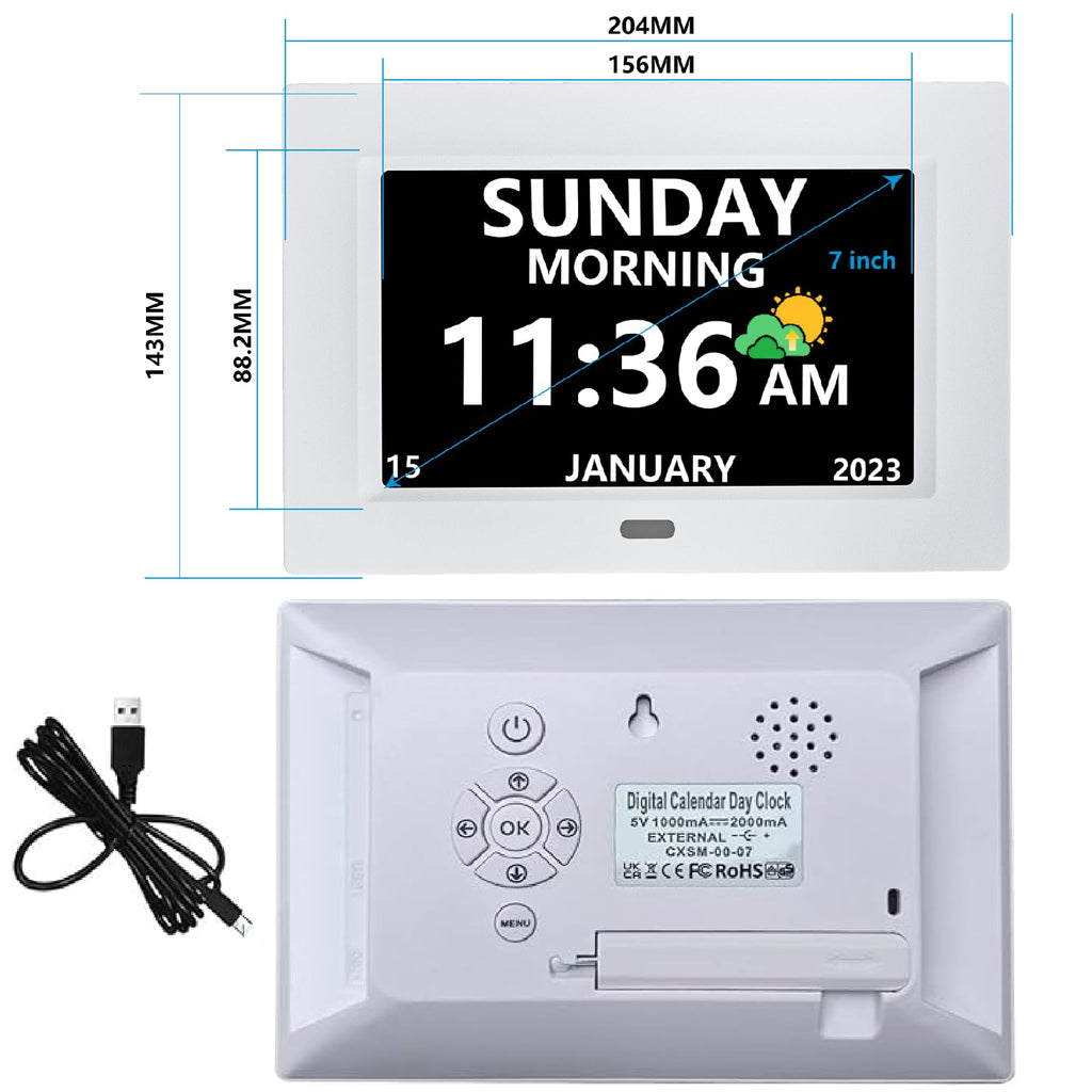 LXBYJKJ 7 Inch Digital Clock with Day and Date for Elderly Alzheimer's Dementia Clock Customizable Alarms and Medicine Reminders 3 Display Modes Large Font Digital Alarm Clock for Seniors White