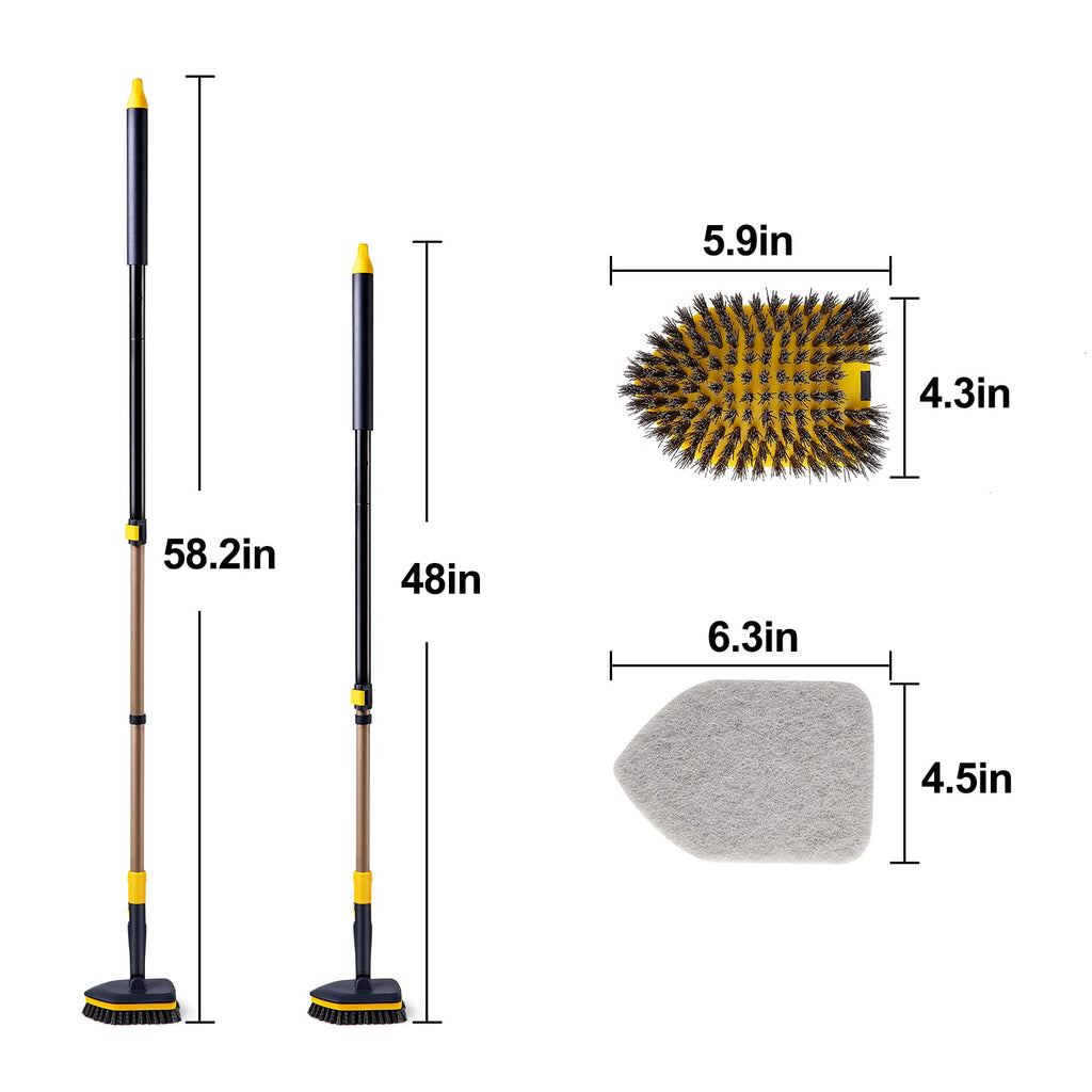 Yocada Tub Tile Scrubber Brush 2 in 1 Cleaning Brush 58.2 Inch Adjustable Telescopic Pole Stiff Bristles Scouring Pads for Cleaning Bathroom Kitchen Toilet Wall Tub Tile Sink Non Scratch