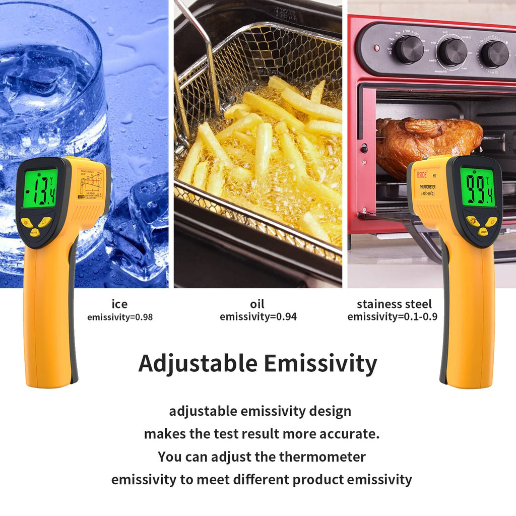 BSIDE Infrared Thermometer Non-Contact Digital Laser Temperature Gun Adjustable Emissivity -58℉-1022℉ (-50℃-550℃) for Cooking Grill Food Kitchen Automotive and Industrial