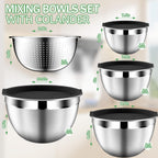 DUTZUN Mixing Bowls with Lids Set, Stainless Steel Mixing Bowls with Colander, Strainer with Mixing Bowl Set, Kitchen Gadgets Bowl Christams Gift, Size 4, 2.5, 2, 1.5QT - Black