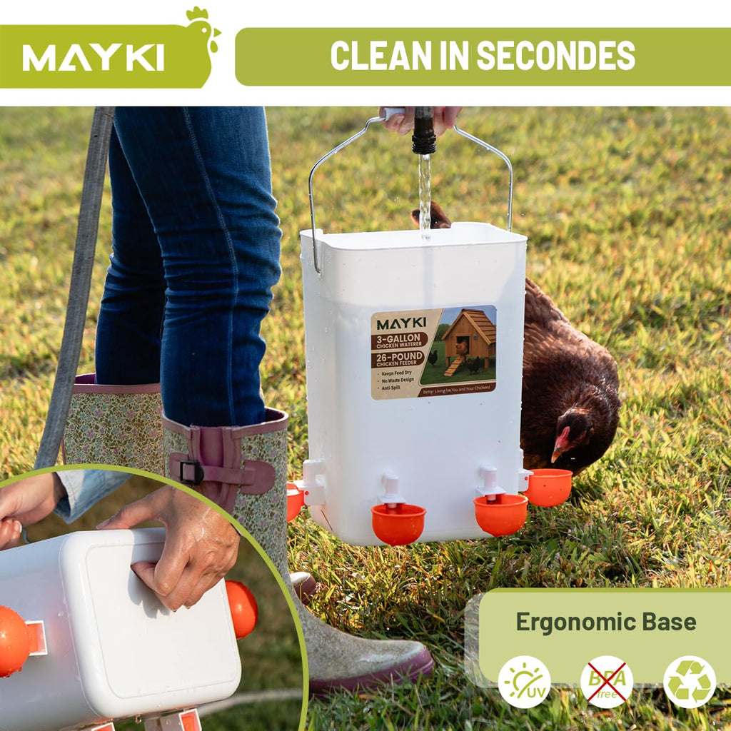 MAYKI Chicken Feeder and Waterer Set, 3 Gallon/26 LB No Waste Poultry Feeding System with Hanging Option, Automatic Coop Accessories for 10 Hens, Upgraded Feeder Port Water Cup, BPA-Free Winter Design