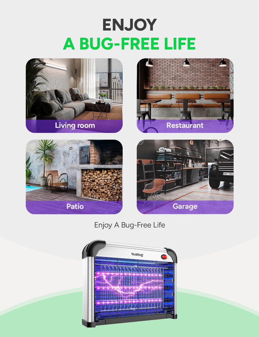 Buzbug LED Bug Zapper Indoor, 3 Efficient 50000H LED Bulbs, Energy Saving & Dual Band Attraction, High-Voltage Electric Mosquito Zapper, Fly Trap Mosquito Trap, Fly Killer Fly Zapper -MA009