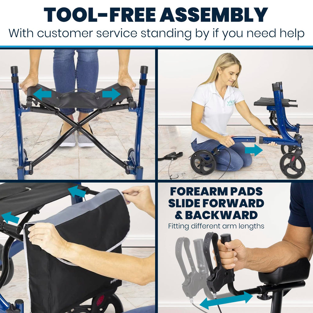 Vive Mobility Upright Walker with Seat, for Seniors, Women - Stand Up Rollator, Arm Rests, Heavy Duty, Folding Medical Aid Scooter for Elderly, Seniors - Walking Foldable Assist (Blue, Black Bag)