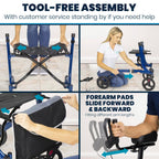 Vive Mobility Upright Walker with Seat, for Seniors, Women - Stand Up Rollator, Arm Rests, Heavy Duty, Folding Medical Aid Scooter for Elderly, Seniors - Walking Foldable Assist (Blue, Black Bag)