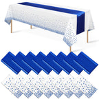 16Pack Disposable Plastic Tablecloths and Satin Table Runner Set White and Blue Dot Tablecloth Blue Satin Table Runner for Wedding Birthday Baby Shower Anniversary Christmas New Year Party Supplies