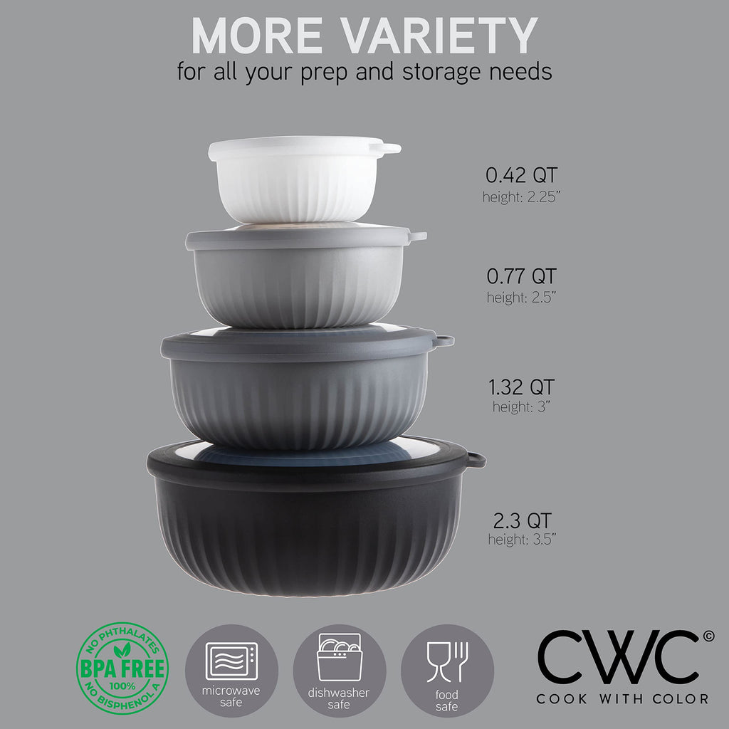 COOK WITH COLOR Prep Bowls with Lids- Wide and Deep Nesting Plastic Small Mixing Bowl Set with Lids, 8 Piece Set - Wide Bowls, Black/White