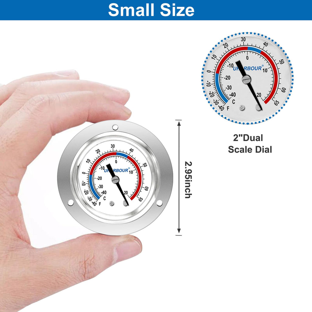 Uharbour Cooler Thermometer Commercial, Refrigerator Thermometer, Walk in Cooler Thermometer, Analog Panel Mount Thermometer, Range -40 to 65 ℉, 2" Dial Stainless Steel Flange(Pack of 2)