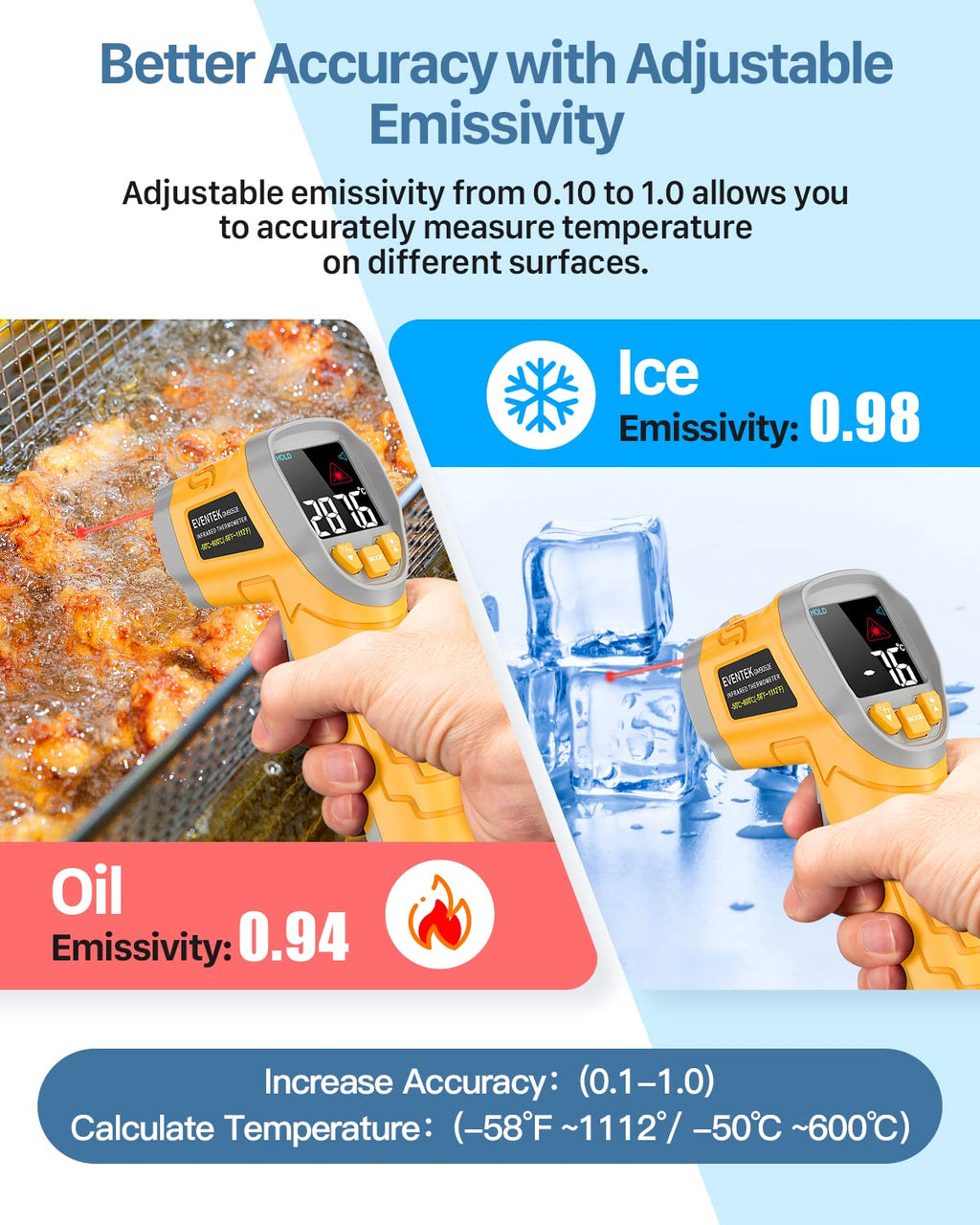 Eventek Digital Infrared Thermometer, -58℉～1112℉(-50℃～600℃) Non-Contact Laser Temperature Gun with Color Display & Adjustable Emissivity for Cooking/BBQ/Food/Fridge/Pizza Oven/Engine (Not for Human)