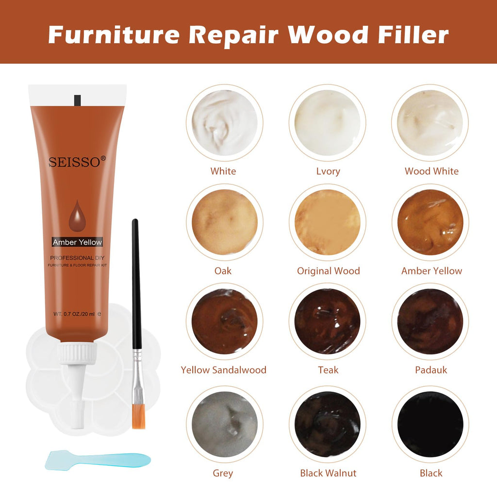 SEISSO Furniture Repair Kit, Wood Floor Repair Kit, Furniture Scratch Repair Wood Fillers, 12 Colors Touch Up for Wood Scratches, Stains, Floors, Laminate, Cabinet, Cherry, Tables, Carpenters