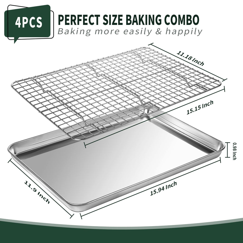 Jelly Roll Pan with Cooling Rack Set [2 Baking Pans + 2 Baking Racks], CEKEE Stainless Steel Baking Sheet Tray with Wire Rack Set, Commercial Quality, Rust Proof & Nonstick, Size 15.94 x 12 x 1 Inch