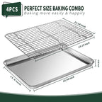 Jelly Roll Pan with Cooling Rack Set [2 Baking Pans + 2 Baking Racks], CEKEE Stainless Steel Baking Sheet Tray with Wire Rack Set, Commercial Quality, Rust Proof & Nonstick, Size 15.94 x 12 x 1 Inch