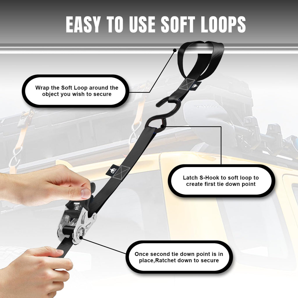 Jack Boss Ratchet Tie Down Straps Set,1500 lbs Break Strength, 1" x 15' Heavy Duty Ratchet Straps with 4X Soft Loops Padded Handles Coated S Hook, Fits for Moving Appliances Motorcycle ATV Truck,Black