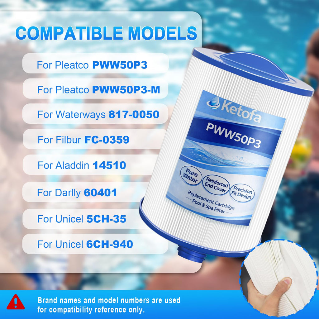 PWW50P3 Filter for Compatible with Pleatco Spa Hot Tub, PWW50P3 (1 1/2" Coarse Thread) Spa Filter Compatible with Unicel 6CH-940 Filbur FC-0359 Waterways 817-0050 Front Access Skimmer Aber Hot Tubs
