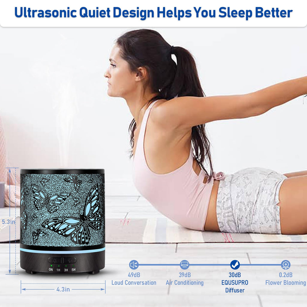 Essential Oil Diffuser for Large Room - 300ml Metal Black Aromatherapy Diffuser Electric Ultrasonic Cool Mist Difusor with Auto Shut-Off, 4 Timer & 7 Colors Night Light for Home Office (Butterfly)