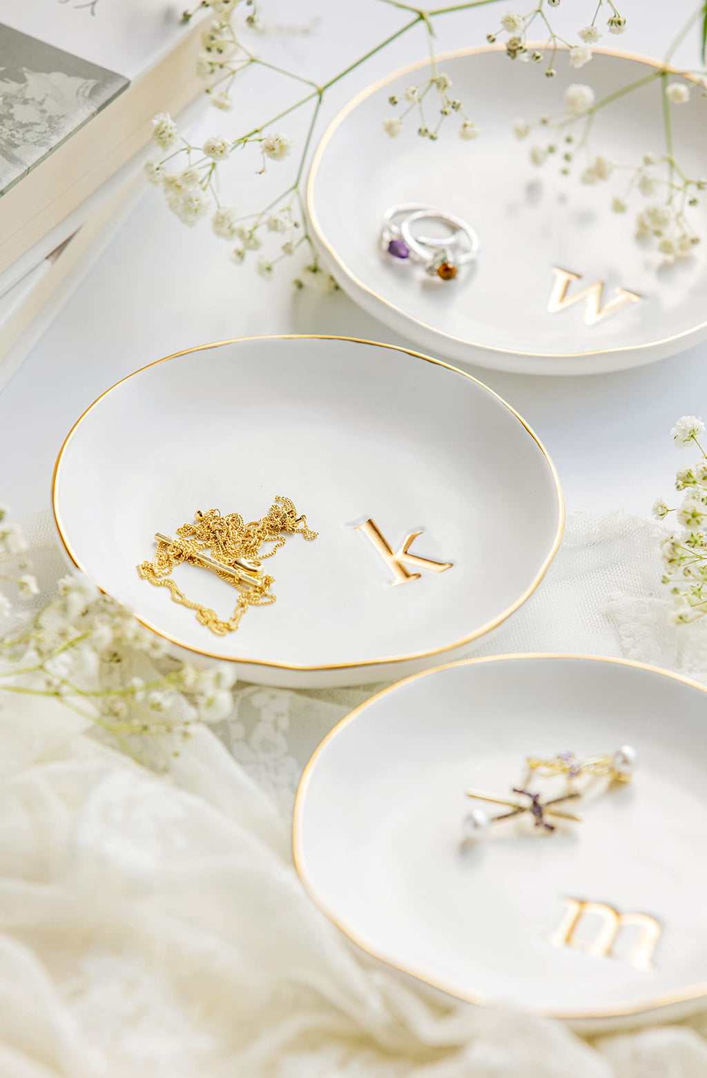 COLLECTIVE HOME - Ceramic Jewelry Tray, Decorative Trinket Dish for Rings Earrings Necklaces Bracelet Watch Keys, Birthday Mother's Day for Women, 4.75", White Surface (V)