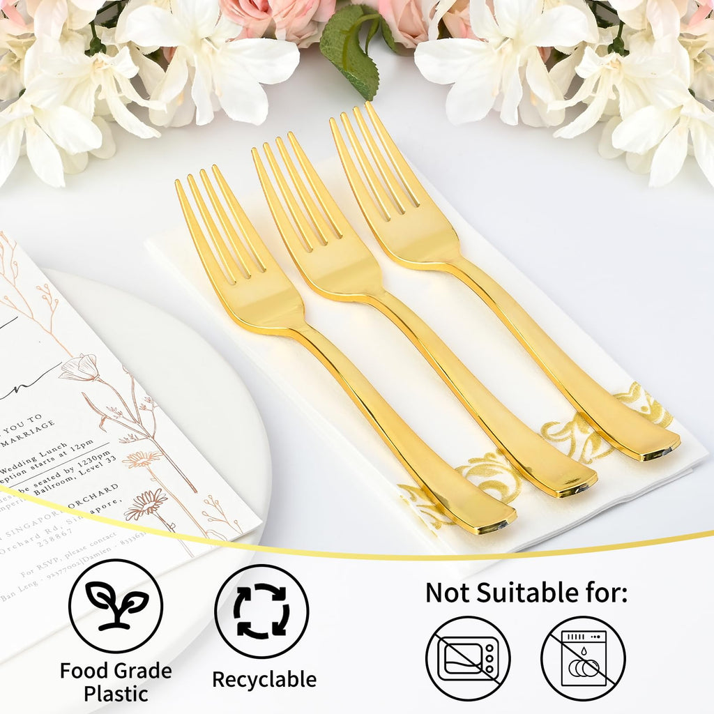 Jutieuo Gold Plastic Forks 7.4 Inch (100-Count) Exquisite Gold Forks Disposable Plastic Silverware Gold Plastic Cutlery for Parties, Weddings, Catering Events