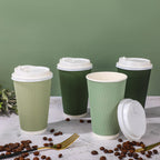 Whaline 100Pcs Sage Green Disposable Coffee Cups with Lids Gradient Green Paper Cups Corrugated Ripple Wall Insulated Hot Cups for Home Office Party Supplies