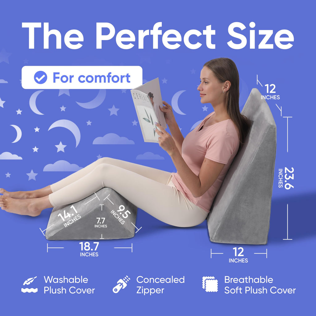 AllSett Health Bed Wedge Pillow – 2 Separate Memory Foam Incline Cushions, System for Legs, Knees and Back Support Pillow - Grey