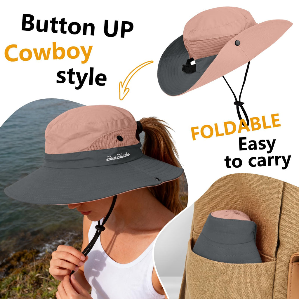 1 Pack Women's Ponytail Safari Sun Hat,Wide Brim UV Protection Outdoor Bucket Hat,Foldable Beach Summer Fishing Hat