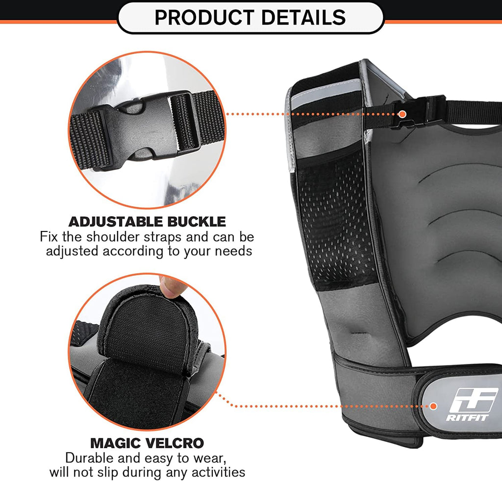 RitFit Weighted Vest 8 Lbs for Men & Women with Adjustable Straps and Reflective Strips, Body Weight Vest for Strength Training and Muscle Building, Neoprene Fabric (White Logo)