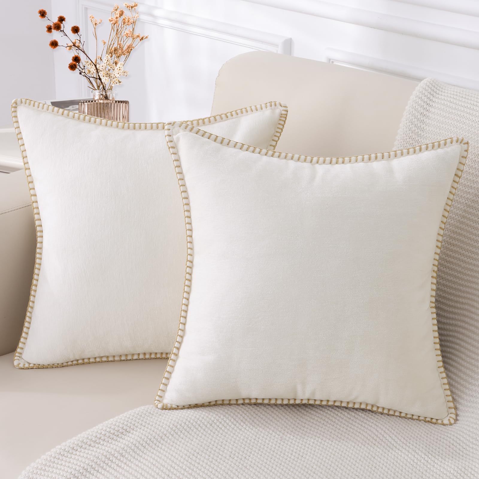 decorUhome Christmas Chenille Soft Throw Pillow Covers 26x26 Set of 2, Farmhouse Velvet Pillow Covers, Decorative Square Pillow Covers with Stitched Edge for Couch Sofa Bed, Cream White
