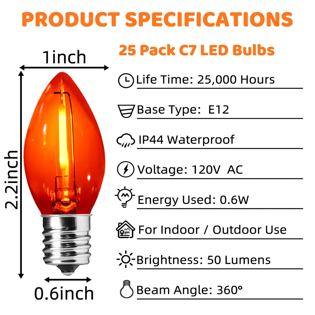 SOTOPOO Orange E12 LED Bulb, 25 Pack C7 Orange Light Bulbs, C7 LED Replacement Bulbs for Christmas Halloween Indoor Outdoor String Lights, C7/E12 Candelabra Bulb, 0.6Watt