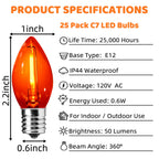 SOTOPOO Orange E12 LED Bulb, 25 Pack C7 Orange Light Bulbs, C7 LED Replacement Bulbs for Christmas Halloween Indoor Outdoor String Lights, C7/E12 Candelabra Bulb, 0.6Watt