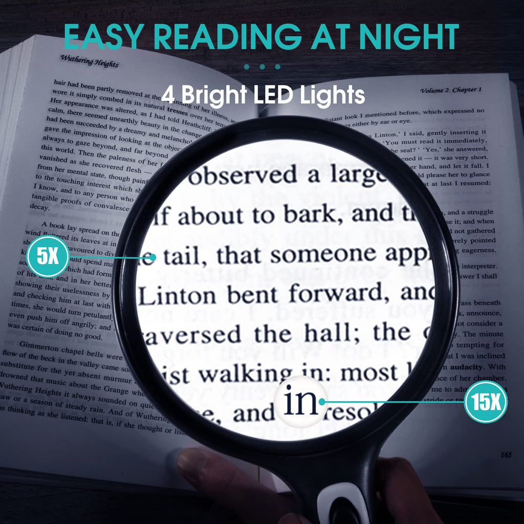 Large Magnifying Glass with Light, 5X 15X Magnifier Handheld Illuminated Lighted Magnifier with 4 LED Lights Storage Bag Clean Cloth for Seniors Reading, Inspection, Exploring
