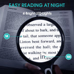 Large Magnifying Glass with Light, 5X 15X Magnifier Handheld Illuminated Lighted Magnifier with 4 LED Lights Storage Bag Clean Cloth for Seniors Reading, Inspection, Exploring