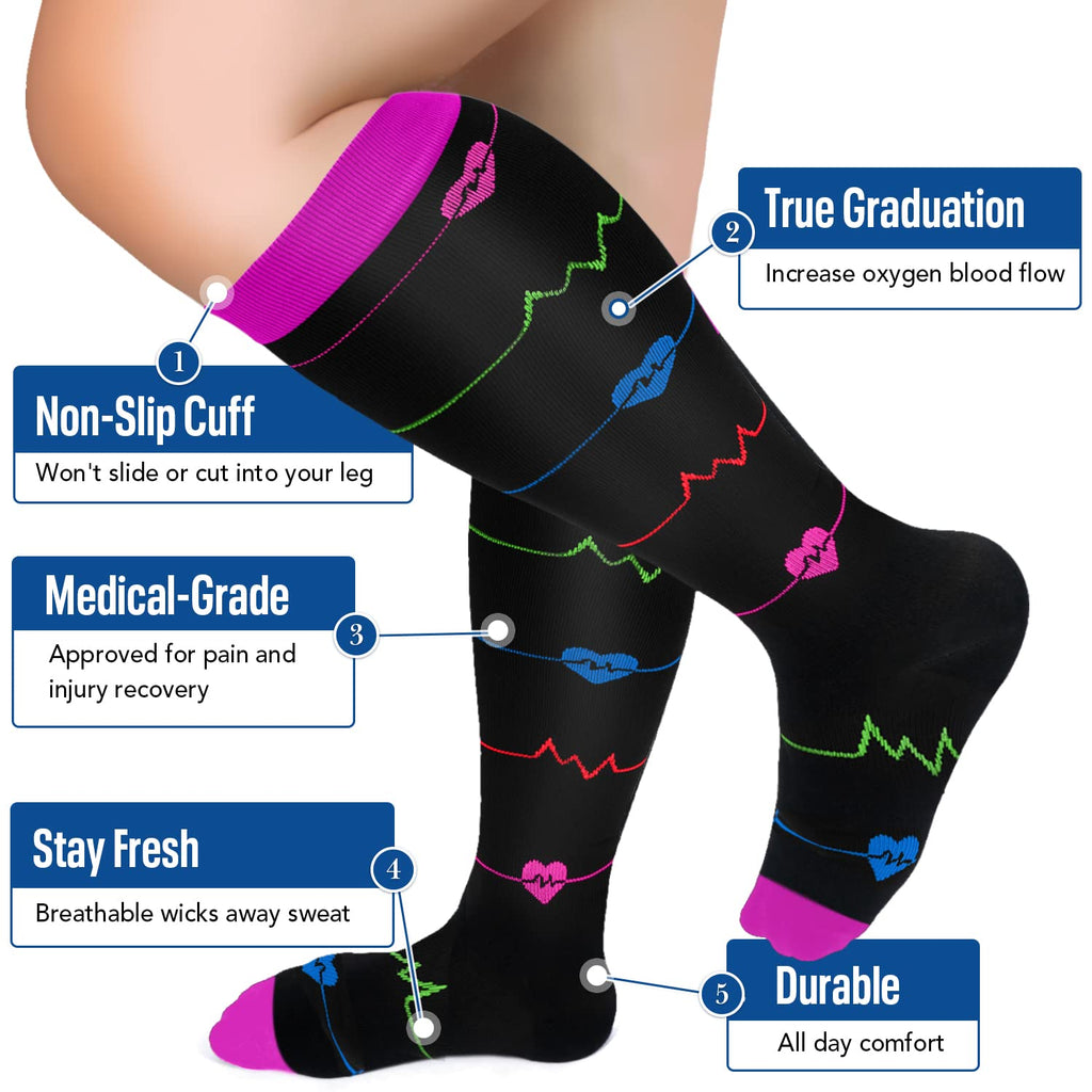 Iseasoo Plus Size Compression Socks for Women & Men Wide Calf 20-30mmhg Extra Large Support Socks for Nurses Circulation(2XL)