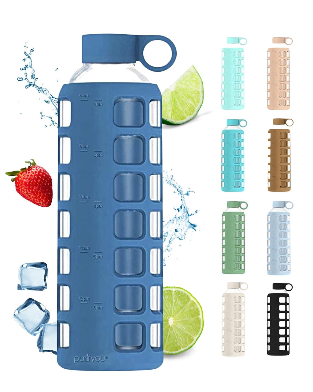 purifyou Premium 40/32 / 22/12 oz Glass Water Bottles with Volume & Times to Drink, Silicone Sleeve & Stainless Steel Lid Insert, Reusable Bottle for Fridge Water, Juice (32oz Chinese Porcelain)