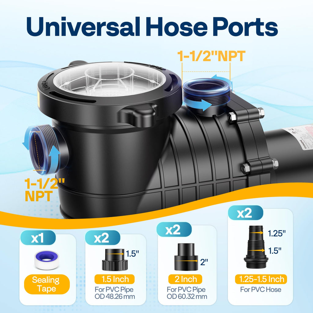 VIVOHOME 2.0HP Pool Pump - 115V/230V Self-Priming Motor - In-Ground/Above Ground - 6800GPH Energy Efficient - 1.5", 2", and 1.25"-1.5" Connectors w/Strainer Basket