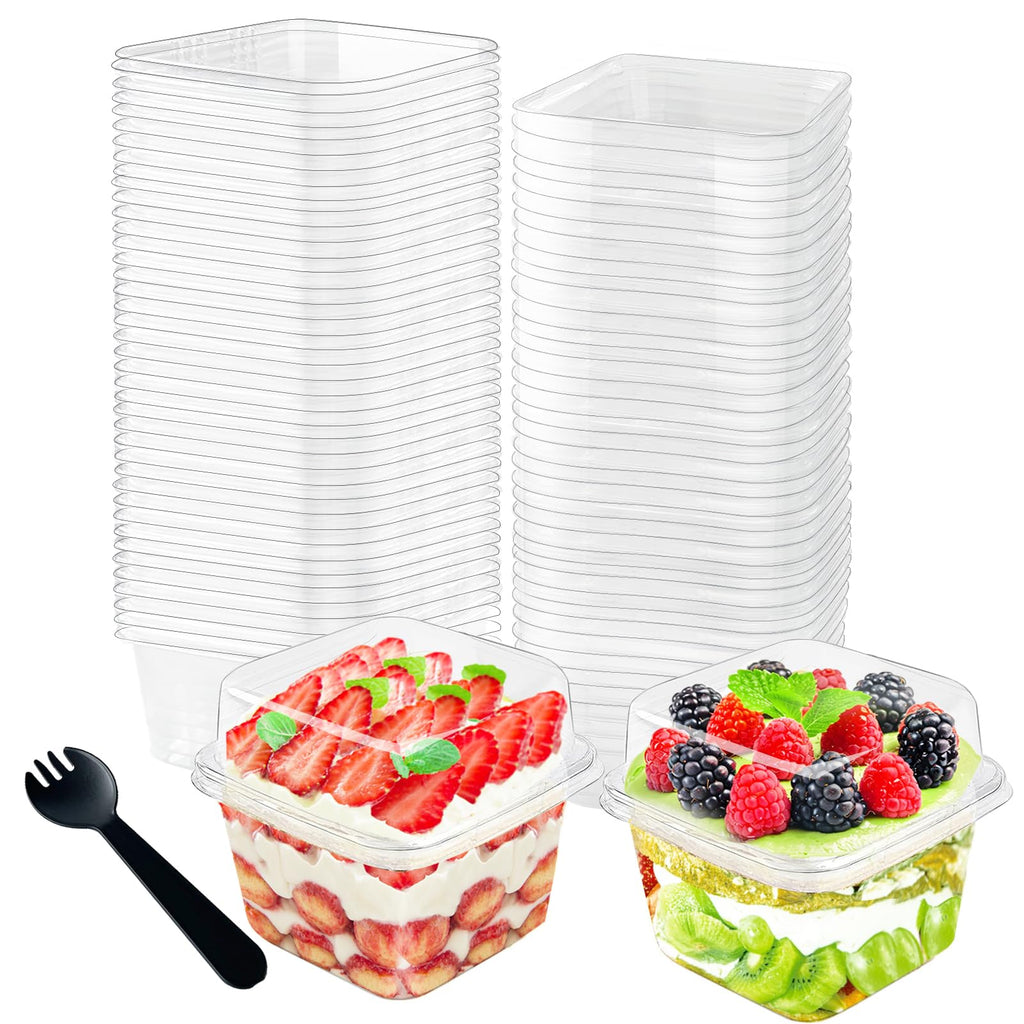 Cshangzei 100pcs 8oz Plastic Parfait Cups with Lids and Sporks,Disposable Square Dessert Cups with Spoons,Cake Container for Party,Mousse,Ice Cream,Pudding,Snacks,Fruits,Cupcake
