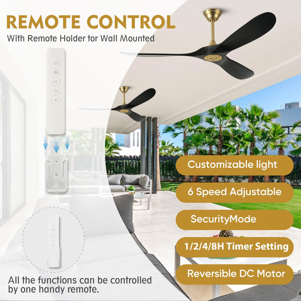 60 Inch Ceiling Fan without Light, Outdoor Ceiling Fans for Patios with Wall Control and Remote Control, Black Gold Modern Farmhouse Ceiling Fan, 3 Blade Large Air flow Reversible DC Wood Ceiling Fan