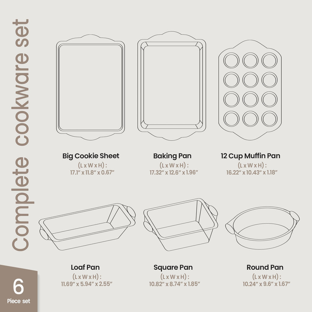 BAKKENMASTER Baking Set – 6 Piece Kitchen Oven Bakeware Set – Deluxe Non-Stick Black Coating Inside and Outside – Carbon Steel – Red Silicone Handles – PFOA PFOS and PTFE Free by Bakken