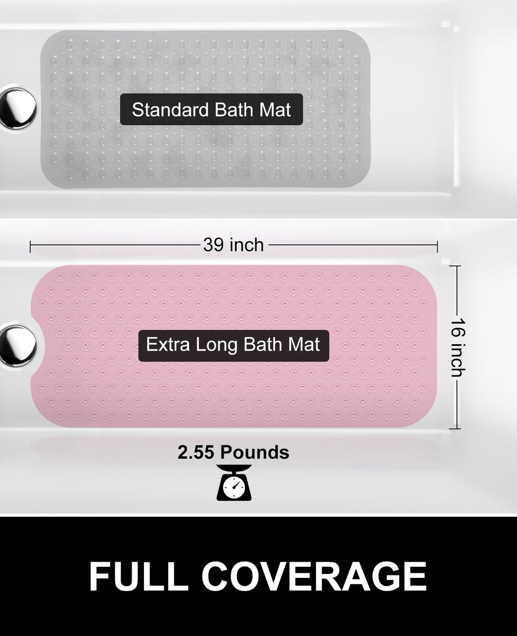 OTHWAY No Suction Cup Bath Mat: 39x16 inch Extra Long Bathmat│Perfect for Refinished or Ordinary Bath Tubs│Made of Nature Rubber│a Blessing for The Elderly and Children (Pink)