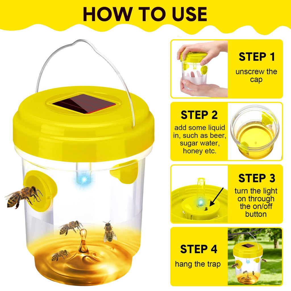 Wasp Trap Solar Powered Bee Trap Reusable Fly Traps Outdoor Hanging Wasp Killer with UV LED Light Flying Insects Bee Killer for Indoor Outdoor Patio Garden Home(Yellow,6 Packs)