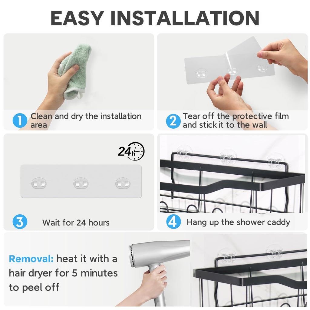 14 Pack Shower Caddy Adhesive Replacement, Strong Adhesive Hooks, Waterproof Shower Adhesive Strips, No Drilling, for Bathroom Storage Shelves and Kitchen Racks