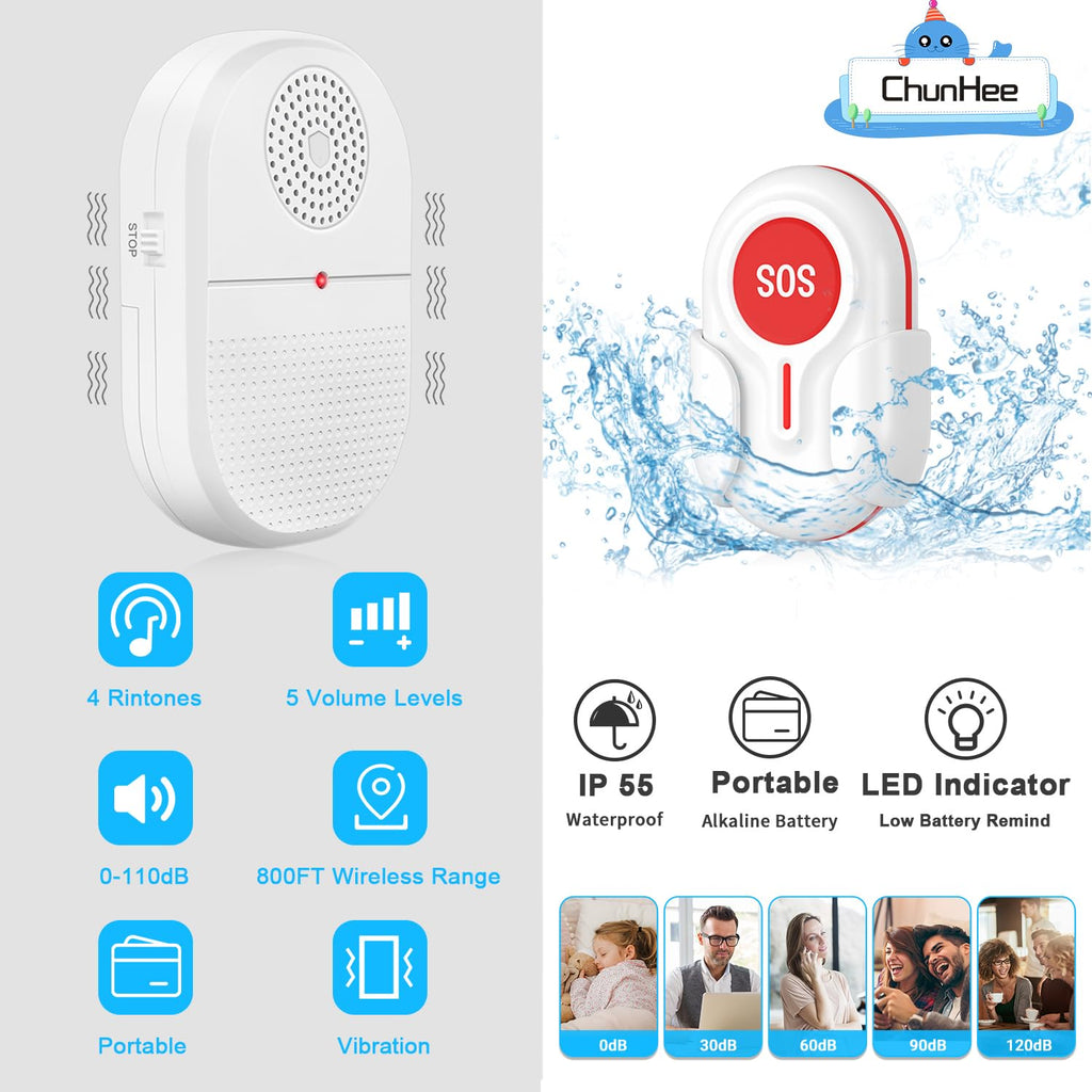 ChunHee Wireless Caregiver Pager Call Button Nurse Alert System Portable SOS Call Bell for Elderly Patient Emergency for Home with 3 Low Remind 3 Button +2 Vibration Receiver …
