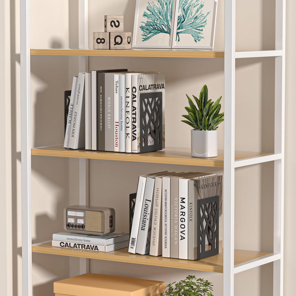 4-Piece Modern Metal Bookends for Shelves, Black Tree Book Ends for Books, Decorative Book Organizer for Desk, Non-Skid Shelve Bookends for Home Office