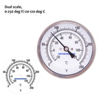 Measureman Fully Stainless Steel Pot, Kettle, Brewing Bimetal Thermometer, 3" Dial, 2-1/2" Stem, 0-250 deg F/-20-120 deg C, -1% Accuracy, Adjustable, 1/2" NPT Back Mount