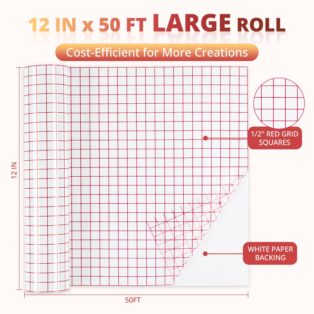 YRYM HT Clear Vinyl Transfer Paper Tape Roll-12 x 50 FT w/Alignment Grid Application Tape for Silhouette Cameo, Adhesive Vinyl for Decals, Signs, Windows, Stickers