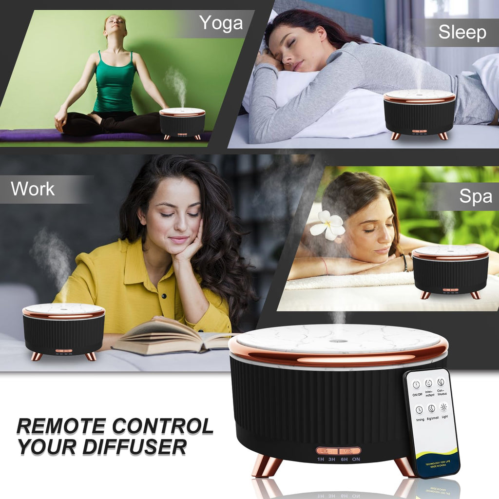 Diffusers for Essential Oils Large Room, 500ml Aromatherapy Diffuser Cool Mist Humidifier with Remote Control,7 Colors Lights & 3 Mist Mode Waterless Auto Off for Women Office Home Black