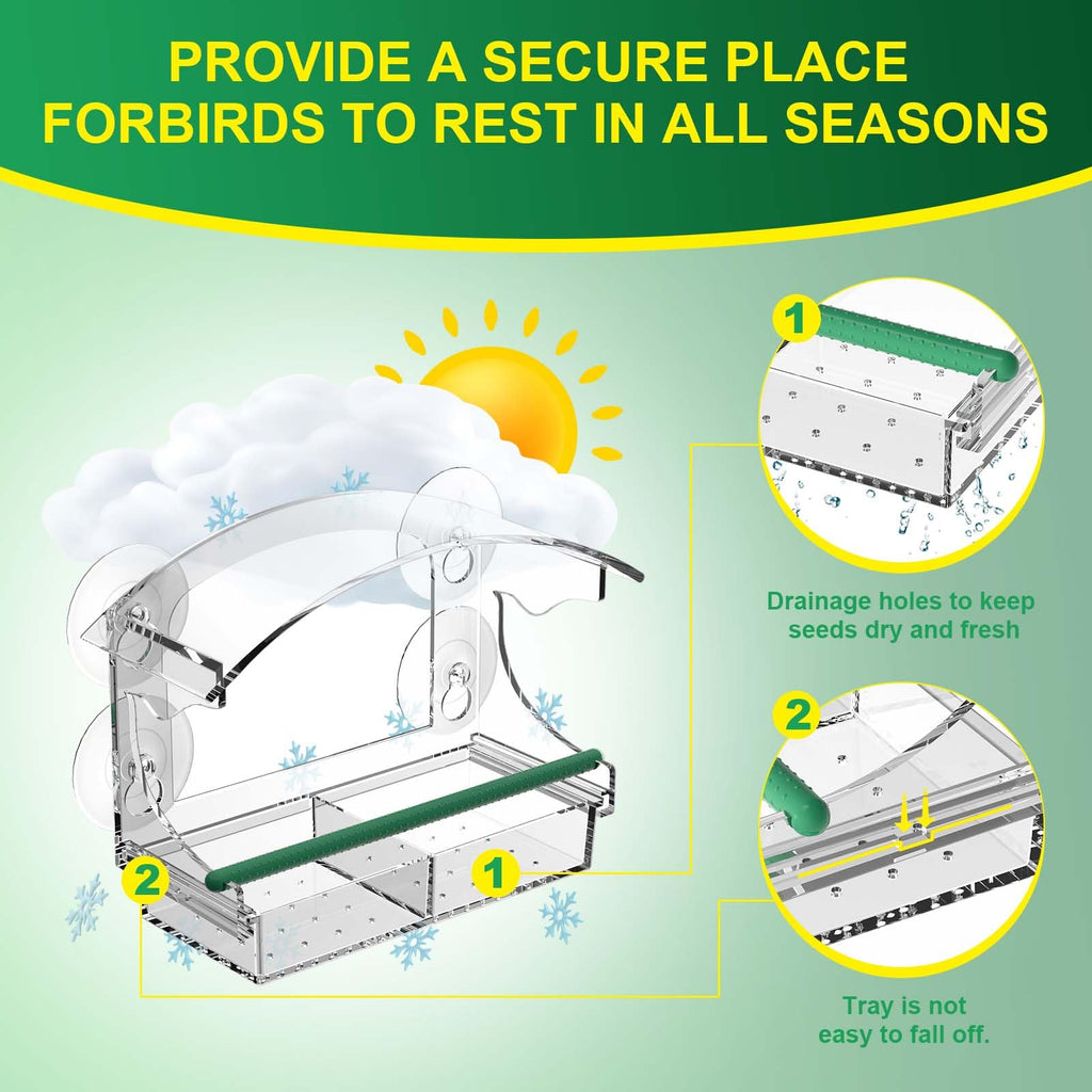 BPYOT Clear Acrylic Window Bird Feeder for Outside with 4 Strong Suction Cups and Detachable Seed Tray, are Unique Gardening Gifts for Parents/Elderly Grandpa/Grandma/Grandparents