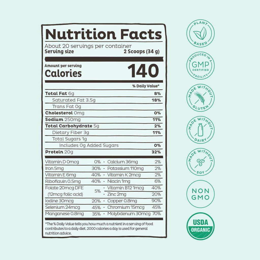 KOS Vegan Protein Powder, Unflavored & Unsweetened - Low Carb Pea Protein Blend, Organic Superfood Rich in Vitamins & Minerals - Keto, Soy, Dairy Free - Meal Replacement for Women & Men - 20 Servings